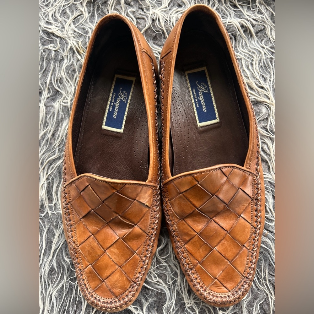 Mens Bragano Tan Basket Weave Loafers Size 10 M Made In Italy Leather.